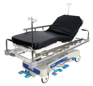 Millennium 5 Hospital Stretcher 8" Casters 27" Wide Patient Surface 2 IV Receptacles Fold-Down Side Rails; Side Rails 14.5" x 39" 4 Brake/Steer Pedals Dual Pedestal Hydraulics Dual Side-Mounted Foot Control Hydraulics